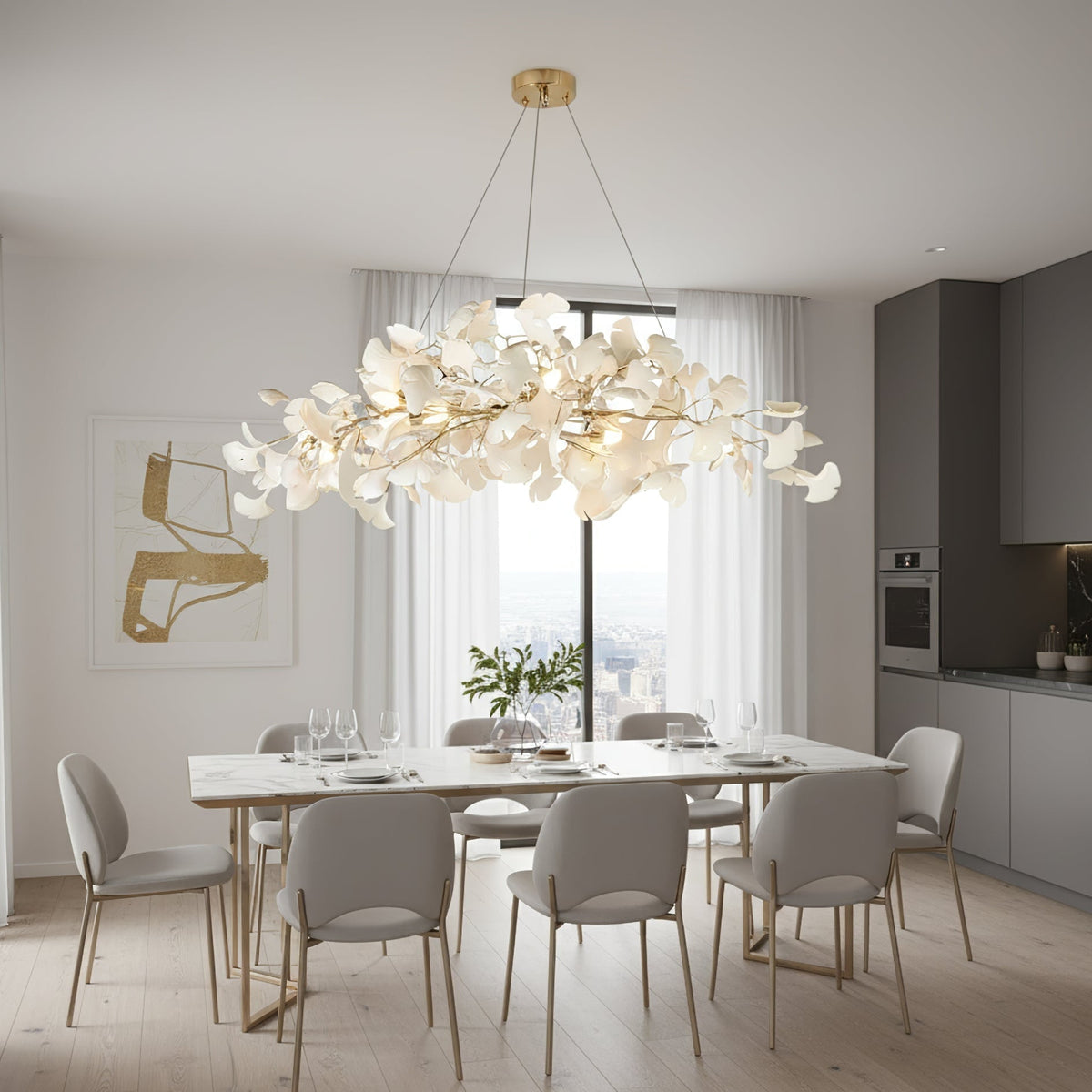 Handcrafted Porcelain Leaf Ceiling Fixture with Flexible Branches Gold White 70 in Statement Overhead Lighting for Dining Room Entryway Livi