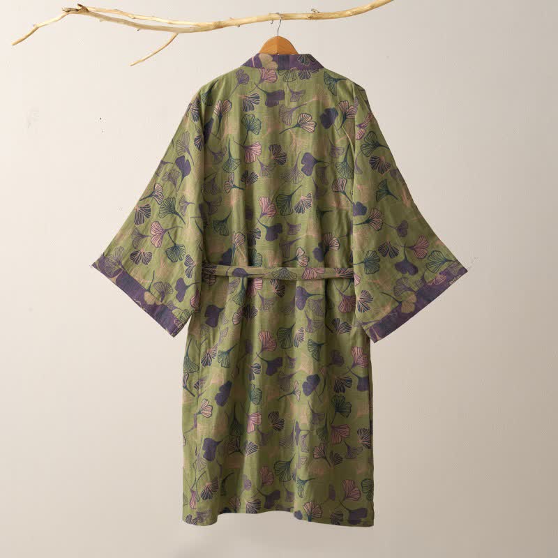 Cotton Gauze Kimono Robe Women Men Lightweight Bathrobe Ginkgo Leaf Pattern Unisex Loungewear Spa Wrap Housecoat Sleepwear Quick-Dry