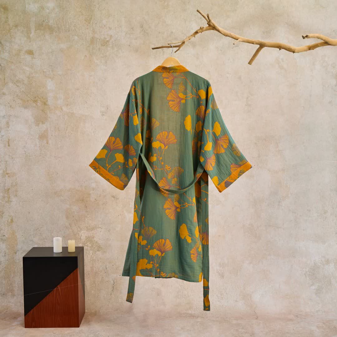 Women's Japanese-Style Cotton Gauze Robe with Oversized Botanical Print | Lightweight Kimono Wrap for Loungewear & Sleepwear