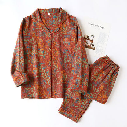 Women's Cotton Pajama Set with Botanical Leaf Print & Button-Down Top for Lounging