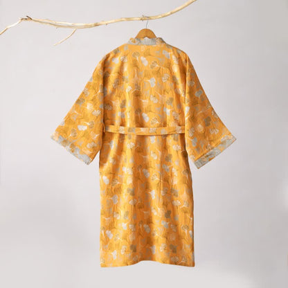 Cotton Gauze Kimono Robe Women Men Lightweight Bathrobe Ginkgo Leaf Pattern Unisex Loungewear Spa Wrap Housecoat Sleepwear Quick-Dry