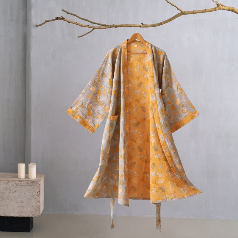 Cotton Gauze Kimono Robe Women Men Lightweight Bathrobe Ginkgo Leaf Pattern Unisex Loungewear Spa Wrap Housecoat Sleepwear Quick-Dry
