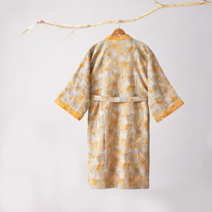 Cotton Gauze Kimono Robe Women Men Lightweight Bathrobe Ginkgo Leaf Pattern Unisex Loungewear Spa Wrap Housecoat Sleepwear Quick-Dry