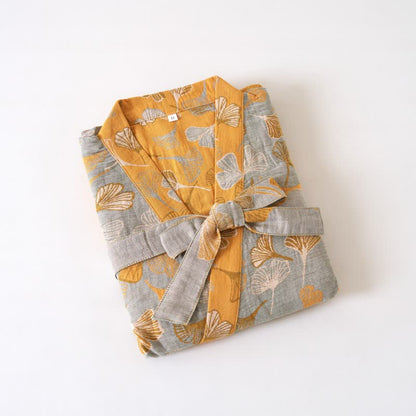Cotton Gauze Kimono Robe Women Men Lightweight Bathrobe Ginkgo Leaf Pattern Unisex Loungewear Spa Wrap Housecoat Sleepwear Quick-Dry