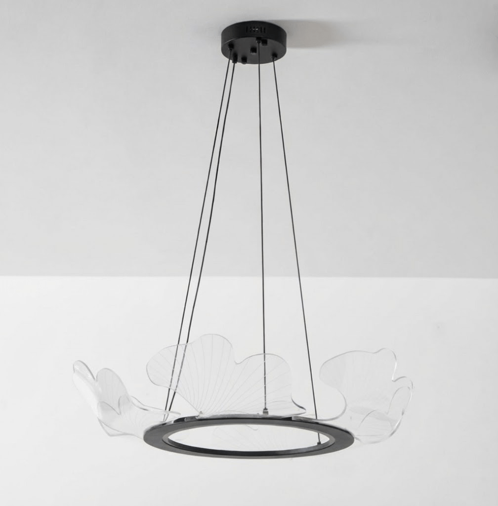 Round Pendant Light with Acrylic Leaf Diffuser 27 in Gold Adjustable Height LED for Kitchen Dining Room Office Bedroom Modern Flush Mount Fi