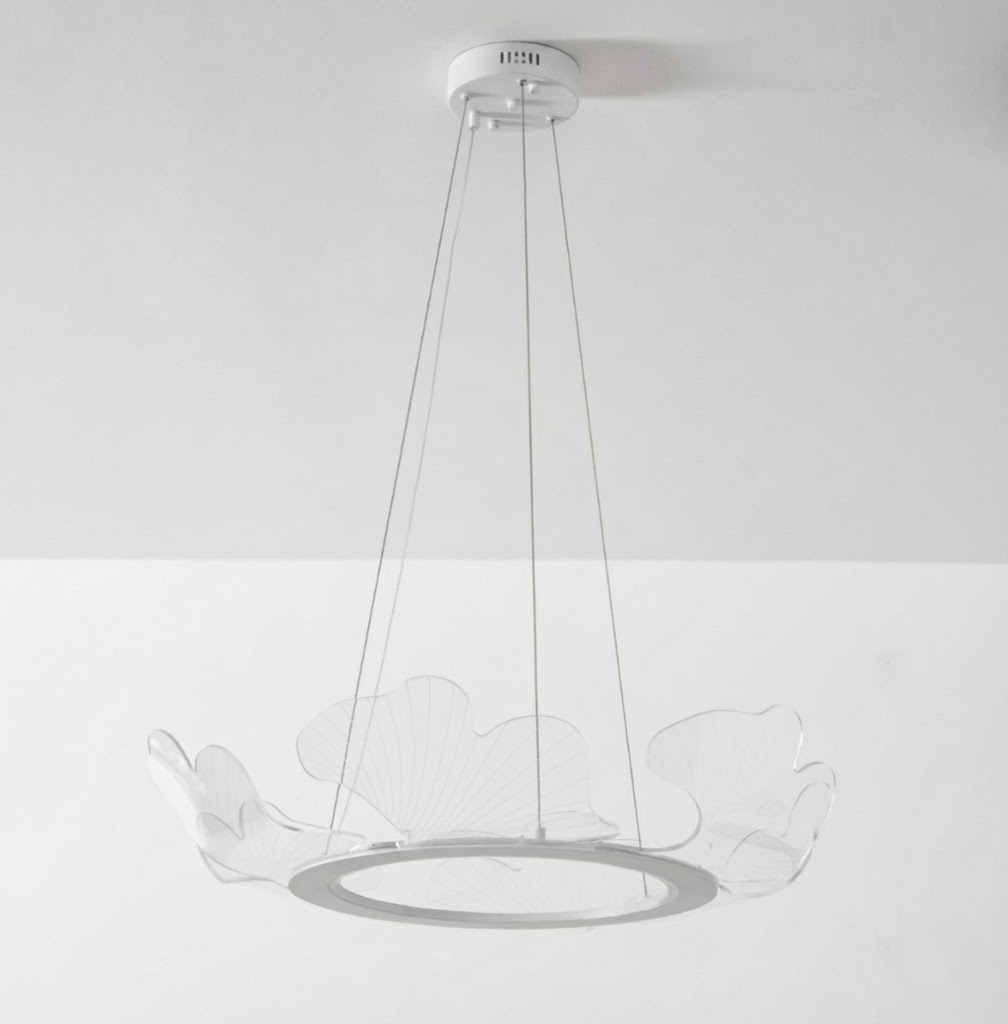 Round Pendant Light with Acrylic Leaf Diffuser 27 in Gold Adjustable Height LED for Kitchen Dining Room Office Bedroom Modern Flush Mount Fi