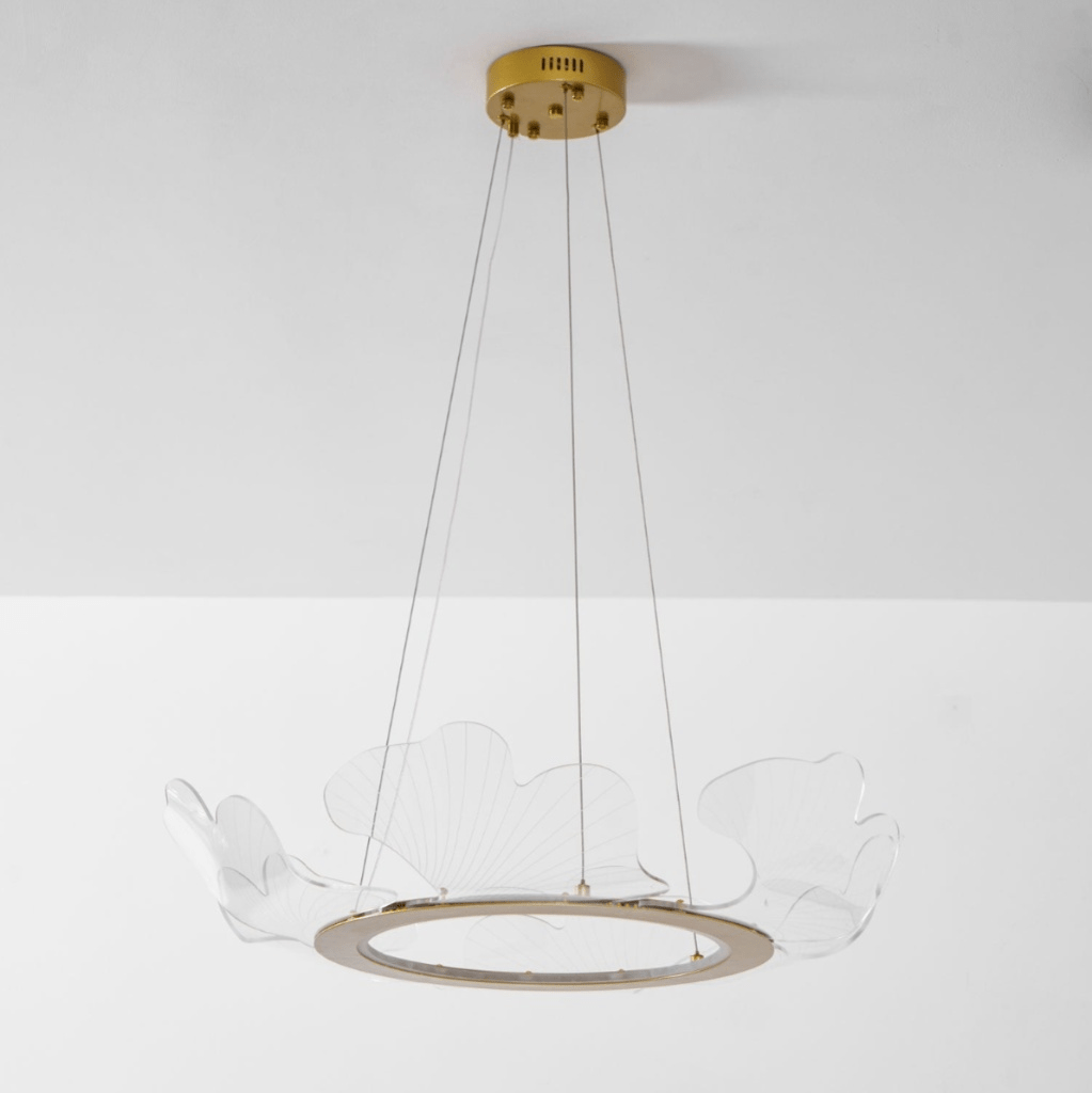 Round Pendant Light with Acrylic Leaf Diffuser 27 in Gold Adjustable Height LED for Kitchen Dining Room Office Bedroom Modern Flush Mount Fi