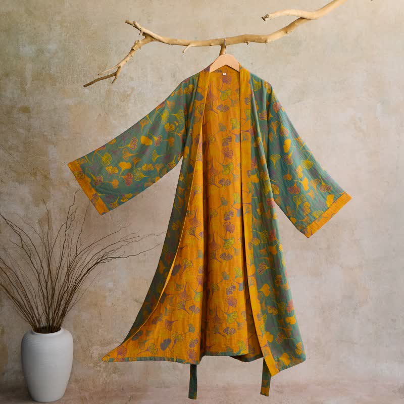Cotton Gauze Kimono Robe Women Men Lightweight Bathrobe Ginkgo Leaf Pattern Unisex Loungewear Spa Wrap Housecoat Sleepwear Quick-Dry