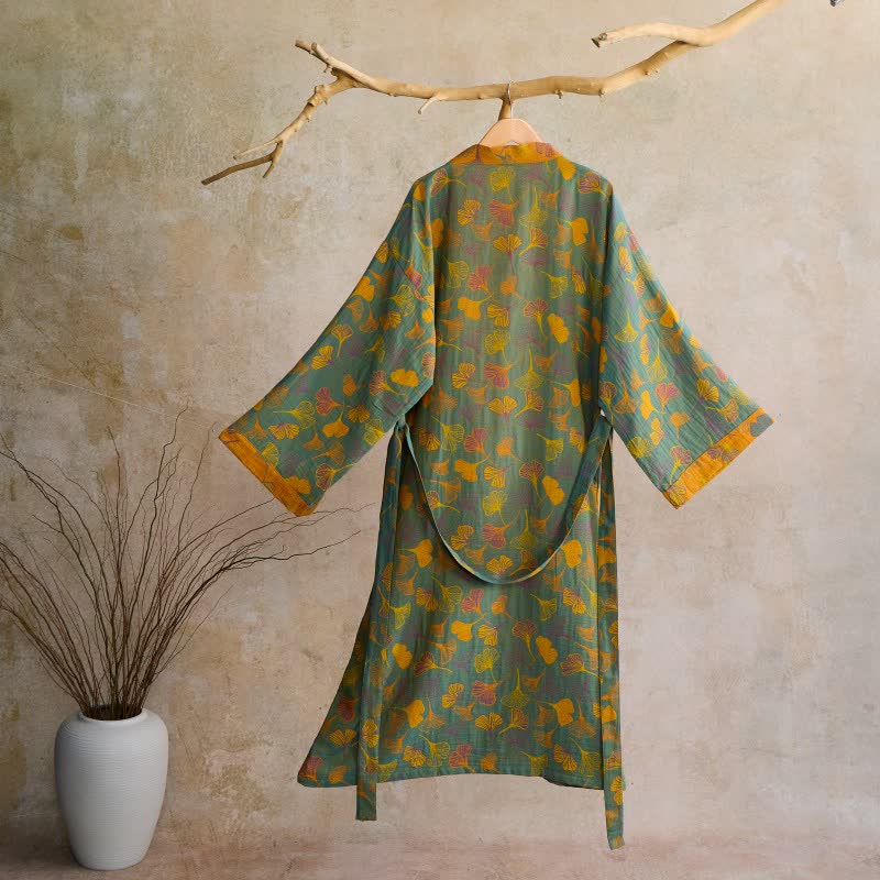 Cotton Gauze Kimono Robe Women Men Lightweight Bathrobe Ginkgo Leaf Pattern Unisex Loungewear Spa Wrap Housecoat Sleepwear Quick-Dry