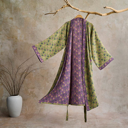 Lightweight Cotton Gauze Kimono Robe for Women & Men – Japanese Style Loungewear with Ginkgo Leaf Print & Adjustable Tie – Breathable