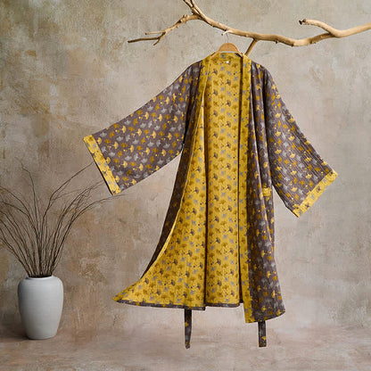 Lightweight Cotton Gauze Kimono Robe for Women & Men – Japanese Style Loungewear with Ginkgo Leaf Print & Adjustable Tie – Breathable