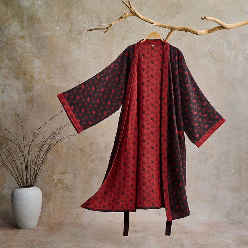 Lightweight Cotton Gauze Kimono Robe for Women & Men – Japanese Style Loungewear with Ginkgo Leaf Print & Adjustable Tie – Breathable