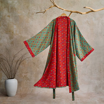Lightweight Cotton Gauze Kimono Robe for Women & Men – Japanese Style Loungewear with Ginkgo Leaf Print & Adjustable Tie – Breathable