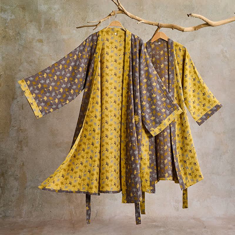 Lightweight Cotton Gauze Kimono Robe for Women & Men – Japanese Style Loungewear with Ginkgo Leaf Print & Adjustable Tie – Breathable