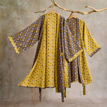 Lightweight Cotton Gauze Kimono Robe for Women & Men – Japanese Style Loungewear with Ginkgo Leaf Print & Adjustable Tie – Breathable