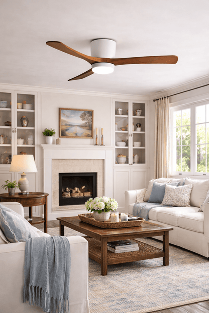 Wood Blade Ceiling Fan with Integrated LED Light and Remote Control for Bedroom Living Room Quiet DC Motor Airflow Year-Round Comfort Scandi