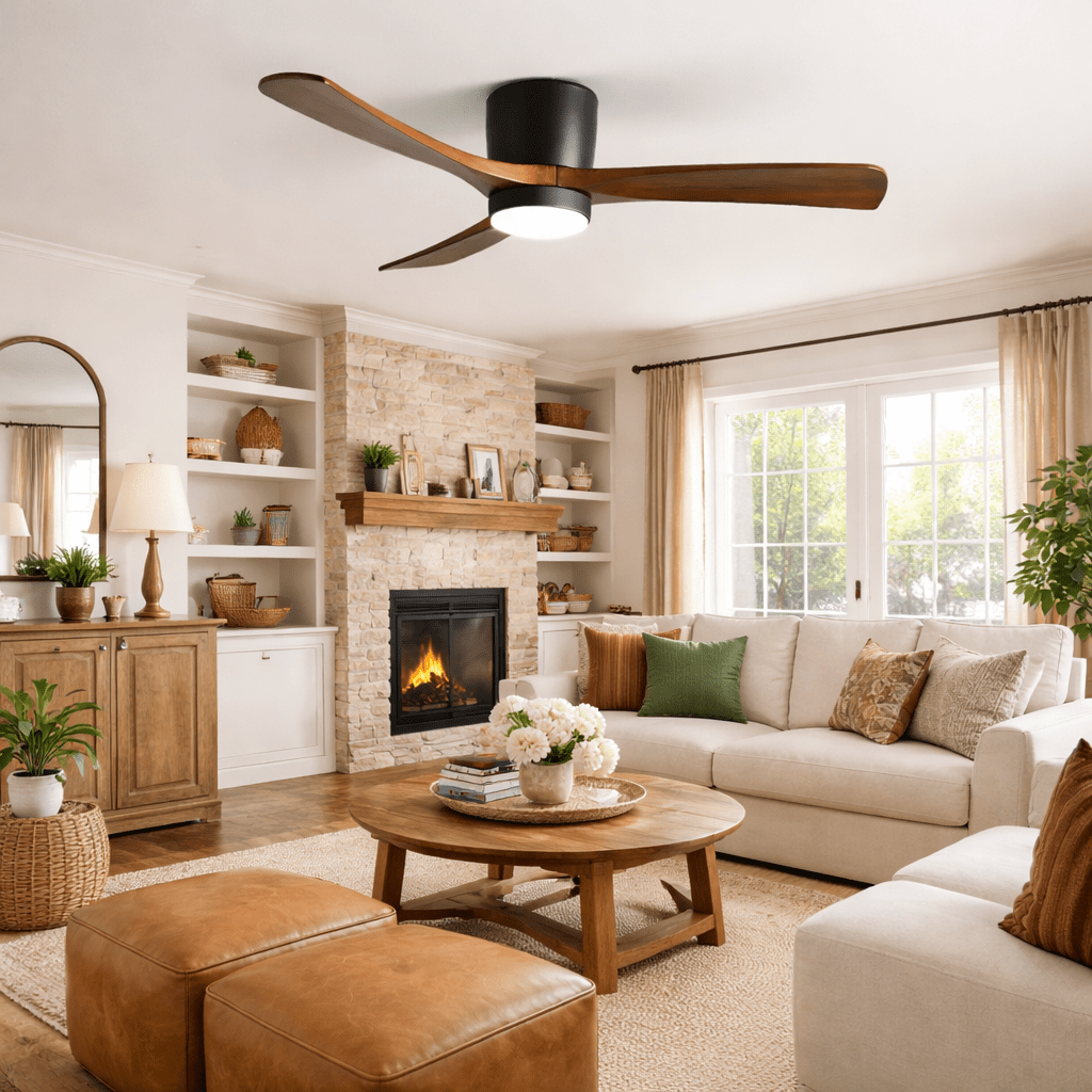 Wood Blade Ceiling Fan with Integrated LED Light and Remote Control for Bedroom Living Room Quiet DC Motor Airflow Year-Round Comfort Scandi