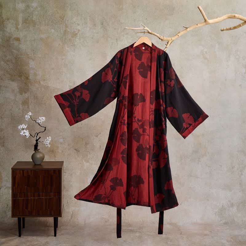 Women's Japanese-Style Cotton Gauze Robe with Oversized Botanical Print | Lightweight Kimono Wrap for Loungewear & Sleepwear