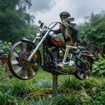 Skeleton Biker Wind Spinner Garden Stake Metal Chopper Motorcycle Lawn Ornament Outdoor Yard Art Halloween Decoration Spinning Wheels for