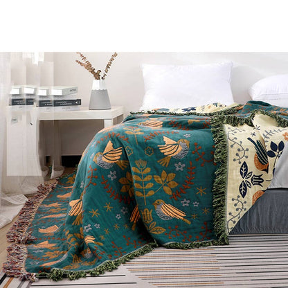 Reversible Cotton Throw Blanket with Woven Bird & Floral Pattern, Tasseled Edge for Couch, Sofa, Bed – Double-Sided Bohemian Home Accent