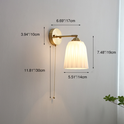 Pull Chain Wall Sconce with Striped Glass Shade – Single-Bulb Hardwired Fixture for Bedroom, Living Room, Hallway