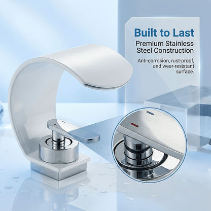 Curved Waterfall Bathroom Sink Faucet with Mirror Finish – Single Handle Hot & Cold Mixer Tap for Modern Vanity & Basin – Polished
