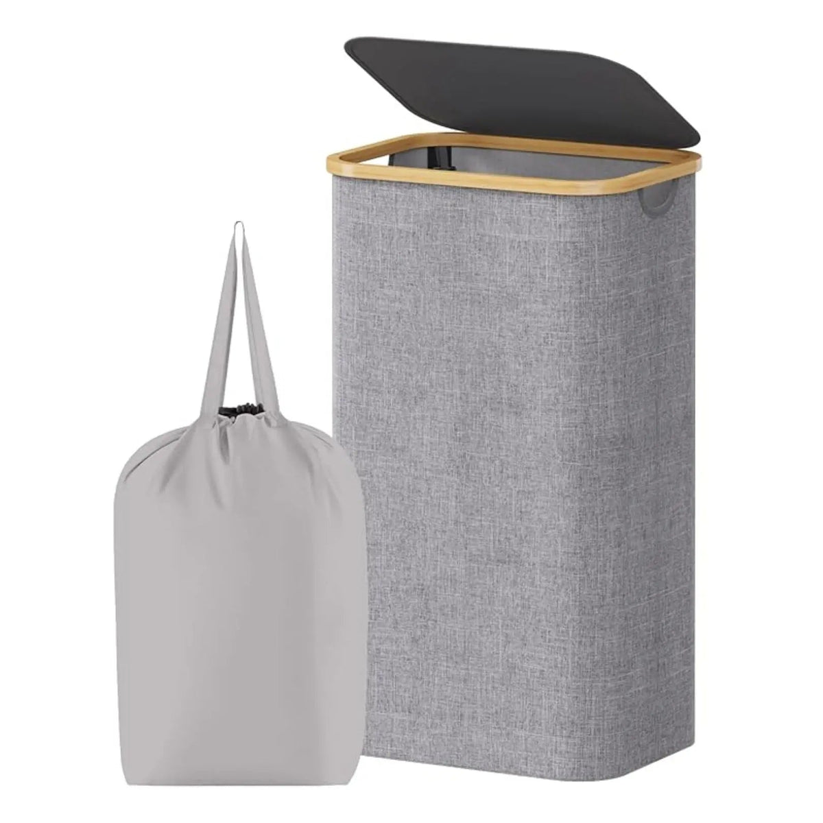 Collapsible Hamper with Cover & Removable Liner 100L Capacity for Bedroom Bathroom White Gray Black Bamboo Handles Upright Design