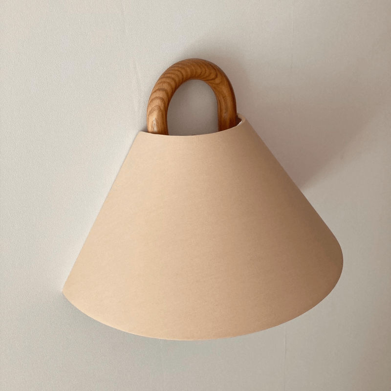 Fabric Half-Moon Wall Sconce with Natural Wood Backplate for Bedroom & Living Room