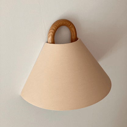 Fabric Half-Moon Wall Sconce with Natural Wood Backplate for Bedroom & Living Room