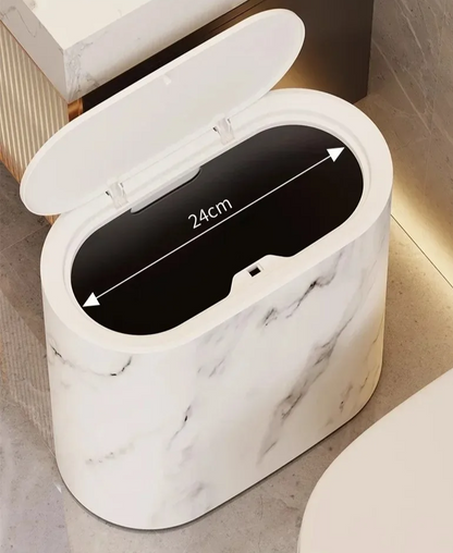 Push-Top Waste Basket with Marble-Look Finish – Slim Oval Design for Small Bathrooms, Bedrooms & Home Offices