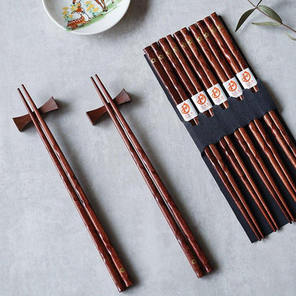 Wooden Eating Sticks 5-Pair Set Natural Timber Cherry Blossom Pattern for Asian Cuisine Rice Noodle Bowl Tableware