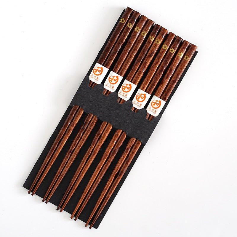 Wooden Chopstick Set with Cherry Blossom Detail – 5 Pairs Lightweight Natural Wood Utensils for Asian Cuisine, Noodles, Rice