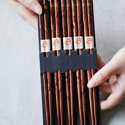 Wooden Eating Sticks 5-Pair Set Natural Timber Cherry Blossom Pattern for Asian Cuisine Rice Noodle Bowl Tableware