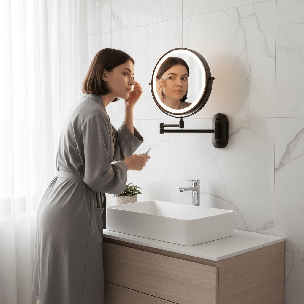 Illuminated Magnifying Vanity Mirror 8-Inch Round Wall-Mount Rechargeable USB Touch-Dimming Cosmetic Grooming Mirror for Bathroom Makeup Ski
