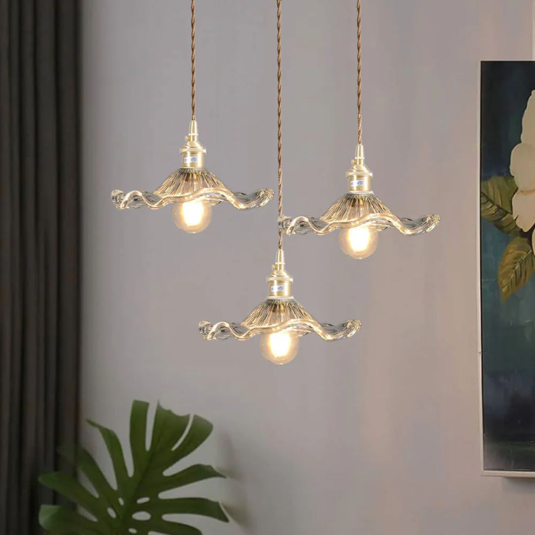 Glass Ceiling Light with Sculptural Ripple Edge – 9 in Hanging Fixture with Metal Hardware for Kitchen, Dining Area, or Bedroom – Adjustable