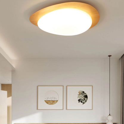 Oval Stone-Textured LED Ceiling Mount Light with Timber Finish for Bedrooms | Modern Hardwired Close-to-Ceiling Fixture for Living Rooms &