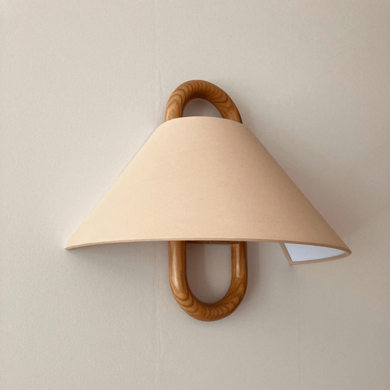 Fabric Half-Moon Wall Sconce with Natural Wood Backplate for Bedroom & Living Room