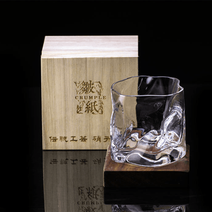Hand-Cut Crystal Rocks Glass with Textured Facets for Bourbon Scotch & Spirits in Wood Box for Collectors