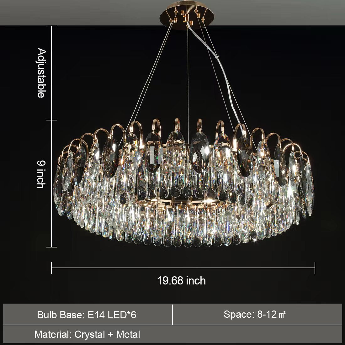 Dimmable Crystal Chandelier for Dining Room & Living Room – Adjustable Chain, Faceted Prisms, Multiple Sizes – Round & Rectangle