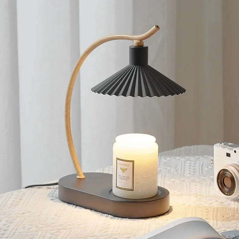 Tabletop Wax Melt Warmer with LED Glow - Wood Accent & Pleated Fabric Shade for Scent Diffusion & Gentle Illumination