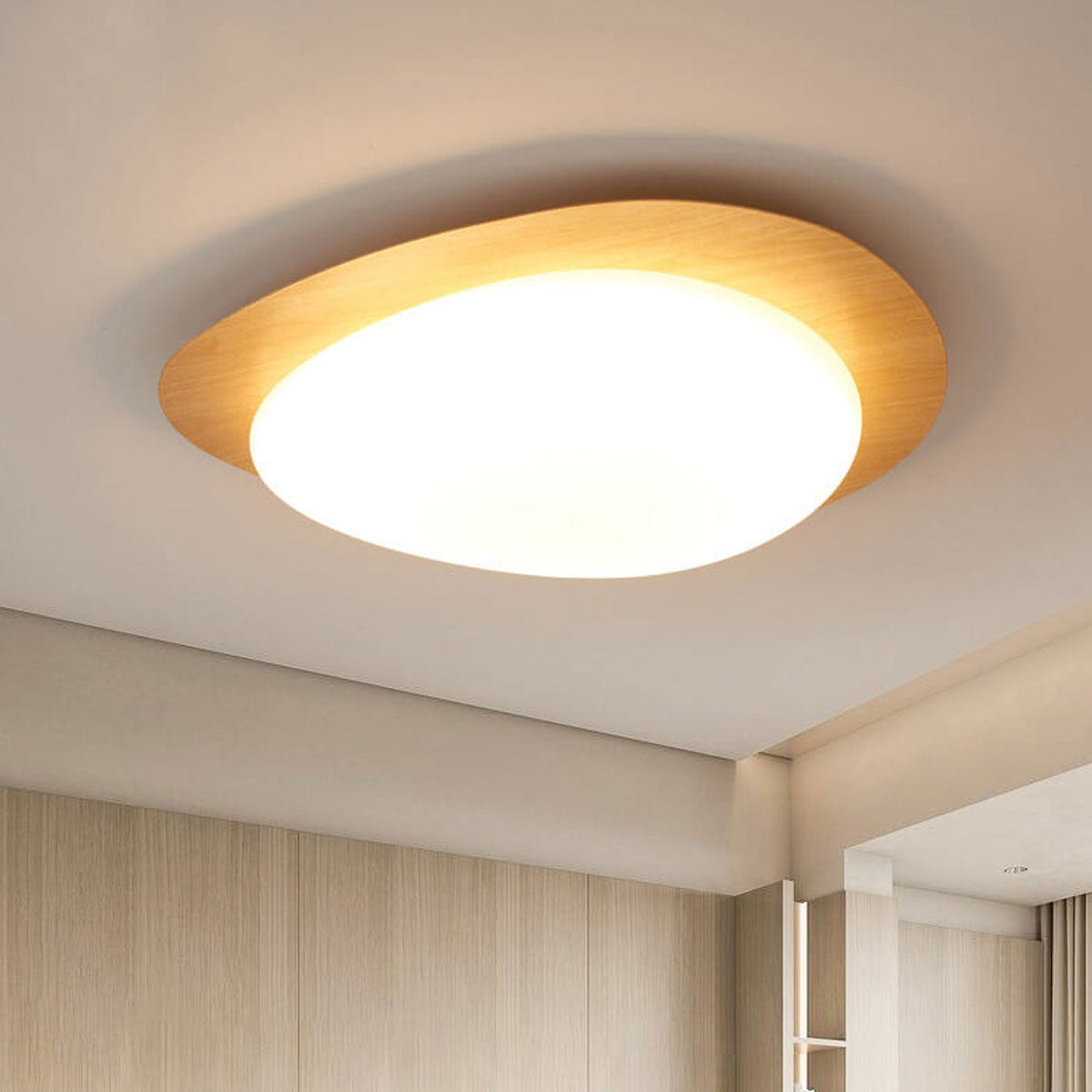 Oval Stone-Textured LED Ceiling Mount Light with Timber Finish for Bedrooms | Modern Hardwired Close-to-Ceiling Fixture for Living Rooms &