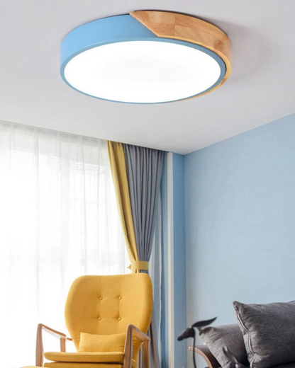 Round Flush Mount Ceiling Light with Wood Accent and Integrated LED – Modern Low Profile Fixture in 9, 12, 16, 20, and 24 inch Sizes for Liv