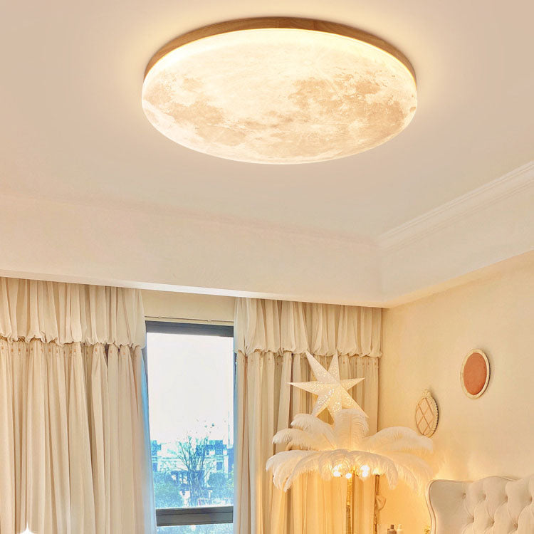Circular LED Flush Mount Ceiling Light Wood Trim Acrylic Diffuser Hardwired Low Profile for Bedroom Hallway Kitchen Dining Room Entryway