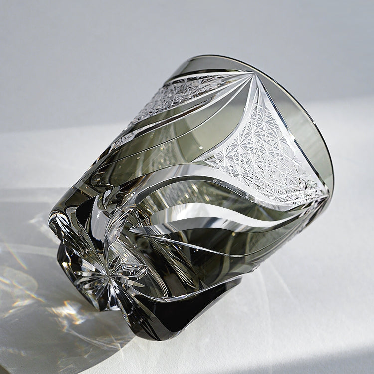 Japanese Cut Crystal Whisky Tumbler with Flame-Carved Pattern & Presentation Box for Spirits