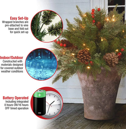 Battery-Operated LED Evergreen Spray with Pine Cones & Berries for Holiday Urns, Planters & Entryways