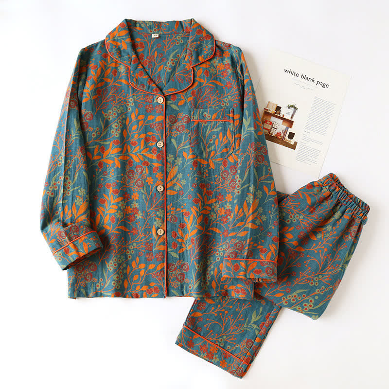 Women's Cotton Pajama Set with Botanical Leaf Print & Button-Down Top for Lounging
