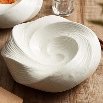 White Ceramic Dinnerware Bowl 10 Inch Spiral Textured Porcelain Dish for Salads Pasta Sides Family Dinners Parties Modern Table Décor