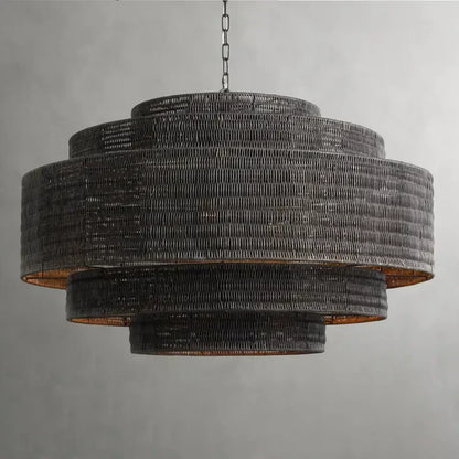 Woven Rattan Ceiling Chandelier with Layered Dome Shade – 28 or 40 Inch Natural Boho Pendant Light for Dining Room, Bedroom, Living Room
