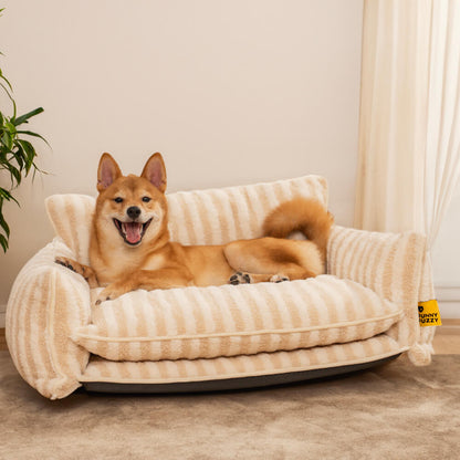 Plush Pet Couch with Washable Cover - Dual-Layer Cushioned Lounger for Dogs & Cats - Striped Fleece Nap Spot