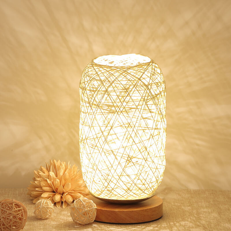 Woven Rattan Table Lamp with Wood Base & Metal Frame – Plug-In LED Desk Light for Bedroom, Living Room & Office